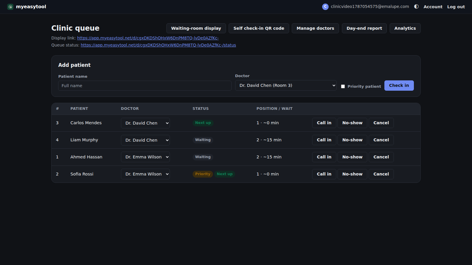 Hosted clinic queue app view with add-patient form and live queue table