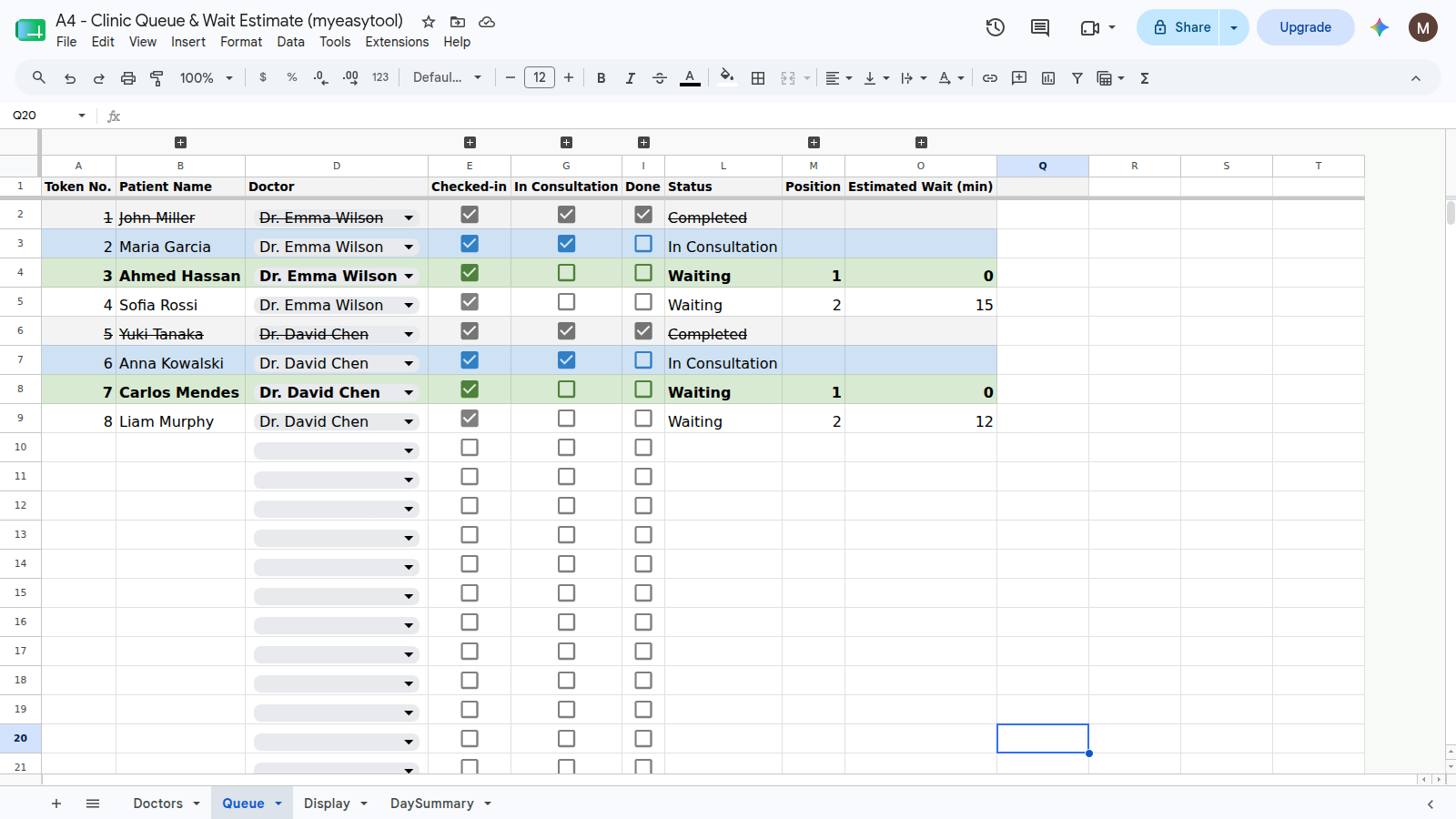 Queue tab showing patient name, doctor, checked-in checkbox, status, position, and estimated wait